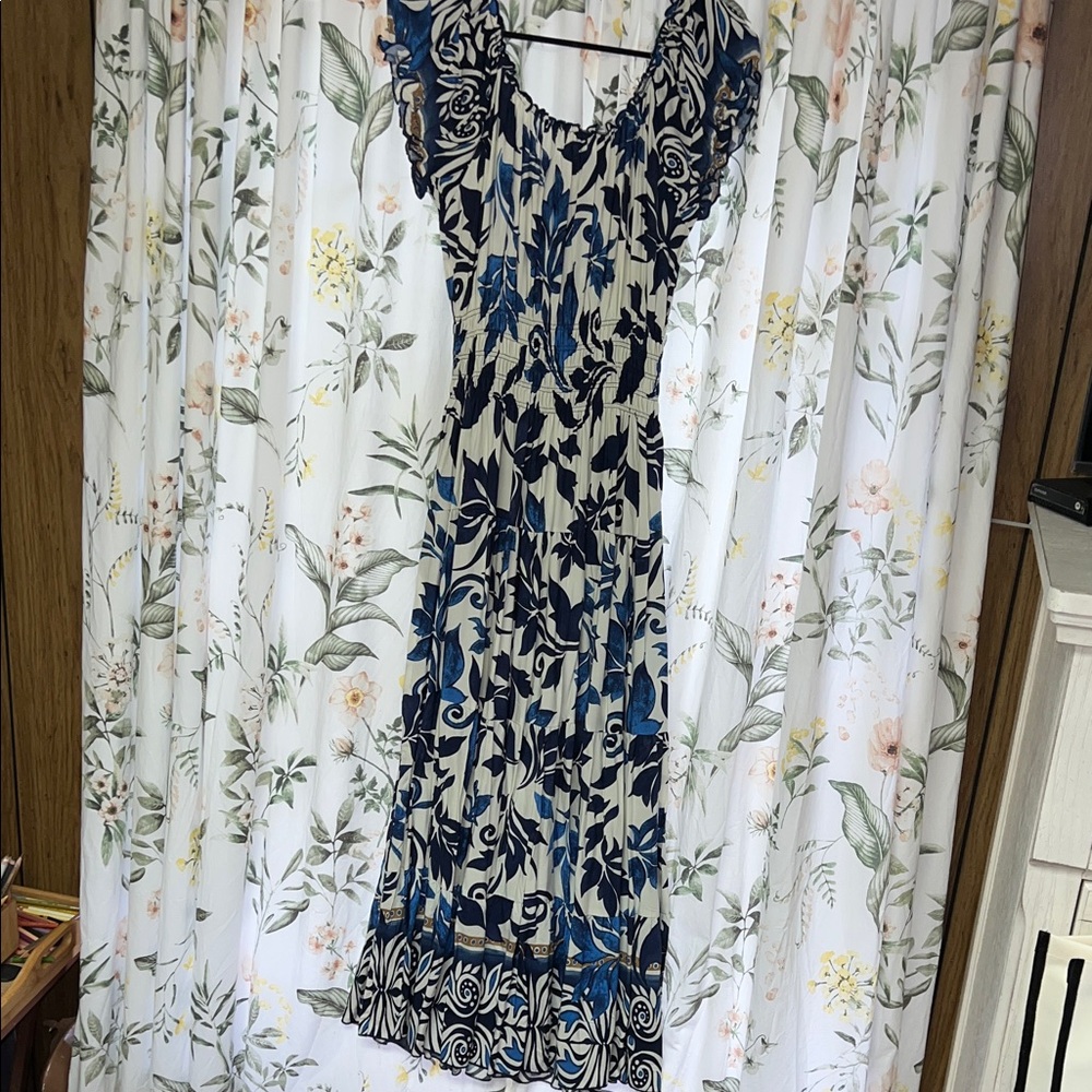 Blue and Off White Floral Patterned Maxi Dress
